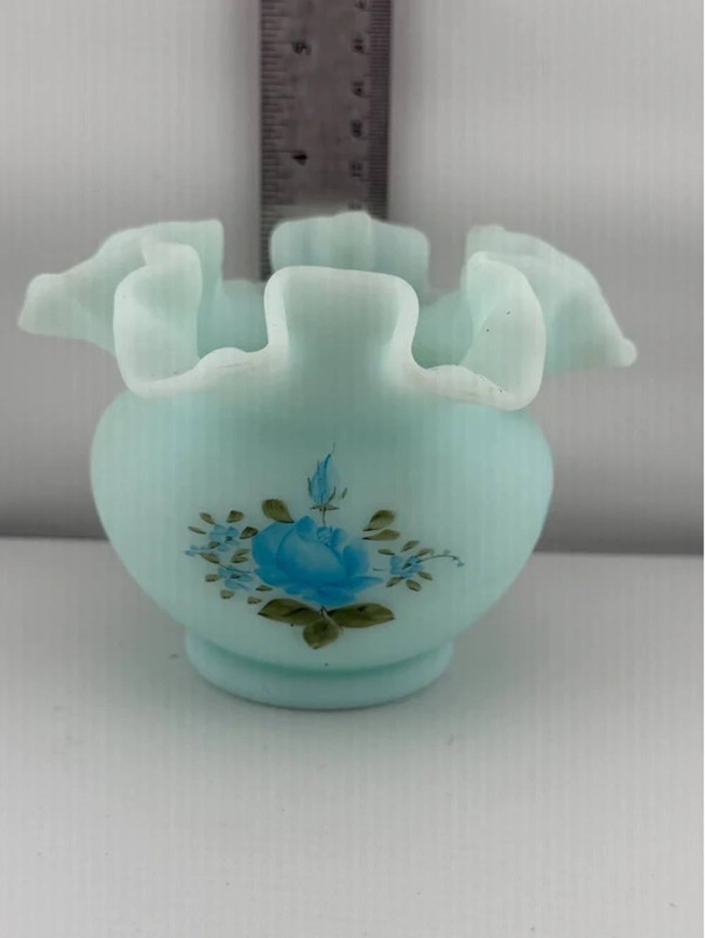 Vintage Fenton Blue Satin Glass Rose Bowl Vase Hand Painted Signed